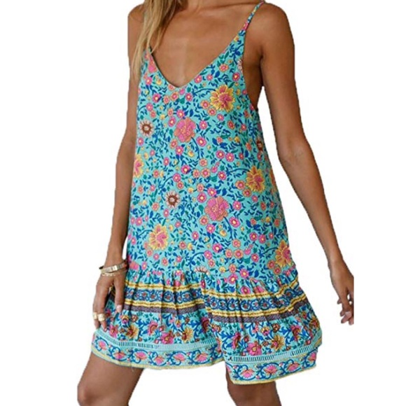 🏆Boho Turquoise Floral Dress - Picture 3 of 7